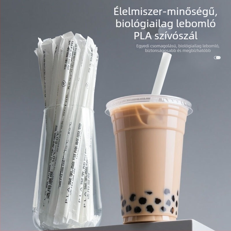 Egyszer használatos PLA szívószálak, élelmiszer-minőségű polilaktid, hőálló, egyedi csomagolású, vastag szívószálak tejes teához