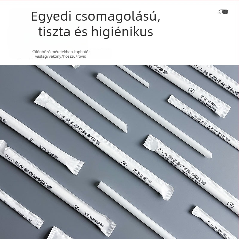Egyszer használatos PLA szívószálak, élelmiszer-minőségű polilaktid, hőálló, egyedi csomagolású, vastag szívószálak tejes teához