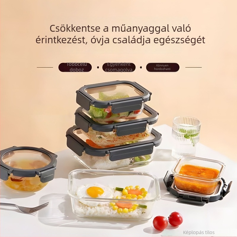 Borosszilikát üvegből készült ételtároló doboz temperált üvegfedővel, mikró- és hűtőbiztos
