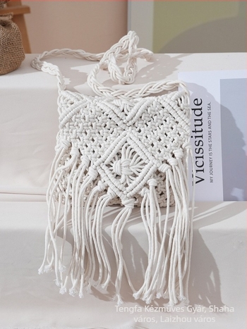 Női crossbody táska, casual, pamutzsinórból kötött fonott strandtáska, bojtos díszítéssel, koreai stílus
