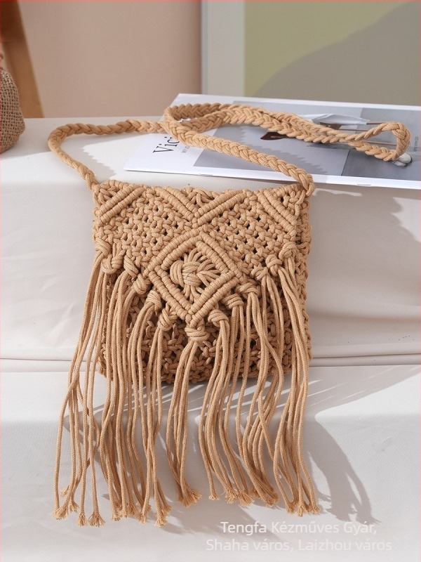Női crossbody táska, casual, pamutzsinórból kötött fonott strandtáska, bojtos díszítéssel, koreai stílus