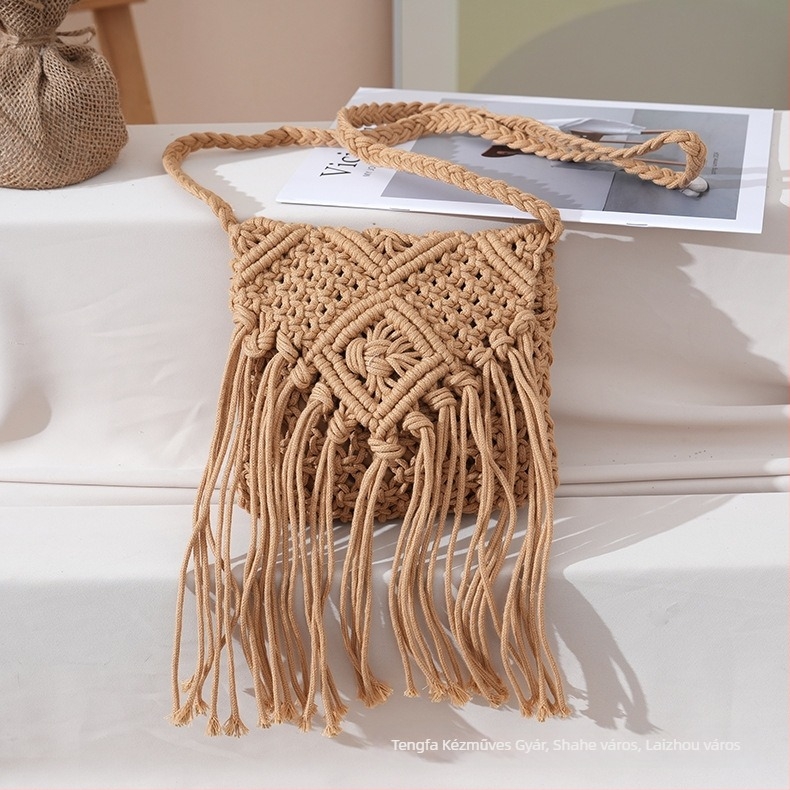 Női crossbody táska, casual, pamutzsinórból kötött fonott strandtáska, bojtos díszítéssel, koreai stílus