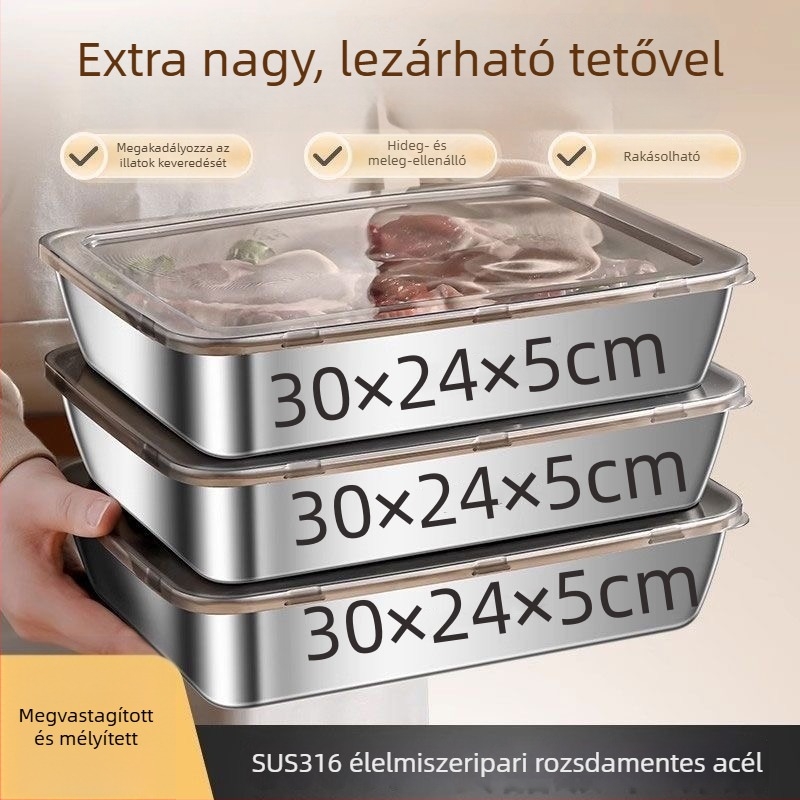 Kereskedelmi használatra szánt, 316 rozsdamentes acélból készült, téglalap alakú élelmiszer-tároló doboz piknikhez és hűtőszekrényhez