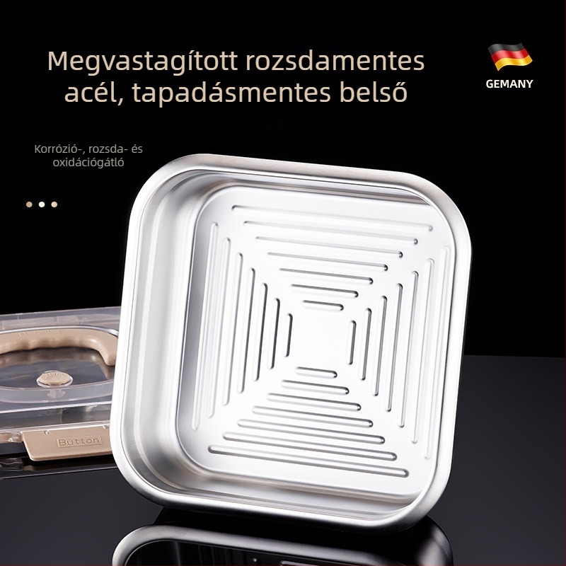 304 rozsdamentes acélból készült négyszögletes ebédes doboz, zárófedél polikarbonátból, frissesség megőrzése, kapacitás 1-4 L