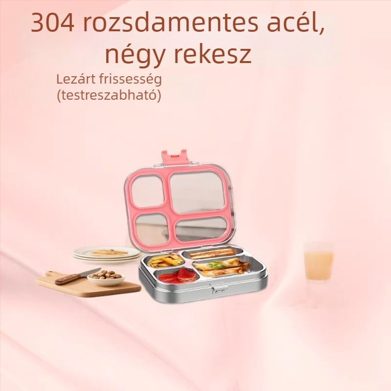 4 rekeszes ebédeszköz rozsdamentes acélból, átlátszó fedéllel, zárható, mikrózható, modern minimalistikus téglalap alakú formatervezés, 501–800 ml, irodai használatra