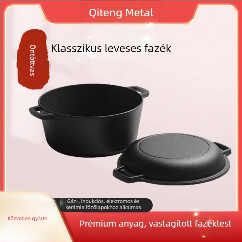 Qi Teng öntöttvas holland lábas, kettős használatú, bevonat nélküli, mély, két füllel, ideális pörköléshez és sütéshez