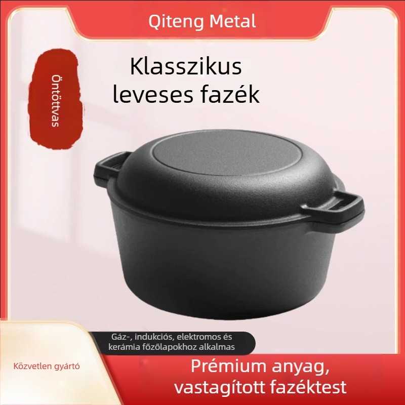 Qi Teng öntöttvas holland lábas, kettős használatú, bevonat nélküli, mély, két füllel, ideális pörköléshez és sütéshez