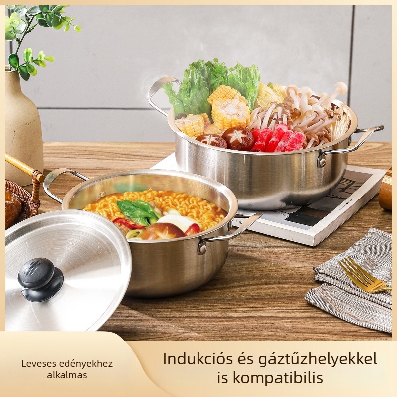 Koreai stílusú instant tészta fazék, kompakt rozsdamentes acélból, dupla fogantyúval, egyszemélyes leveses fazék