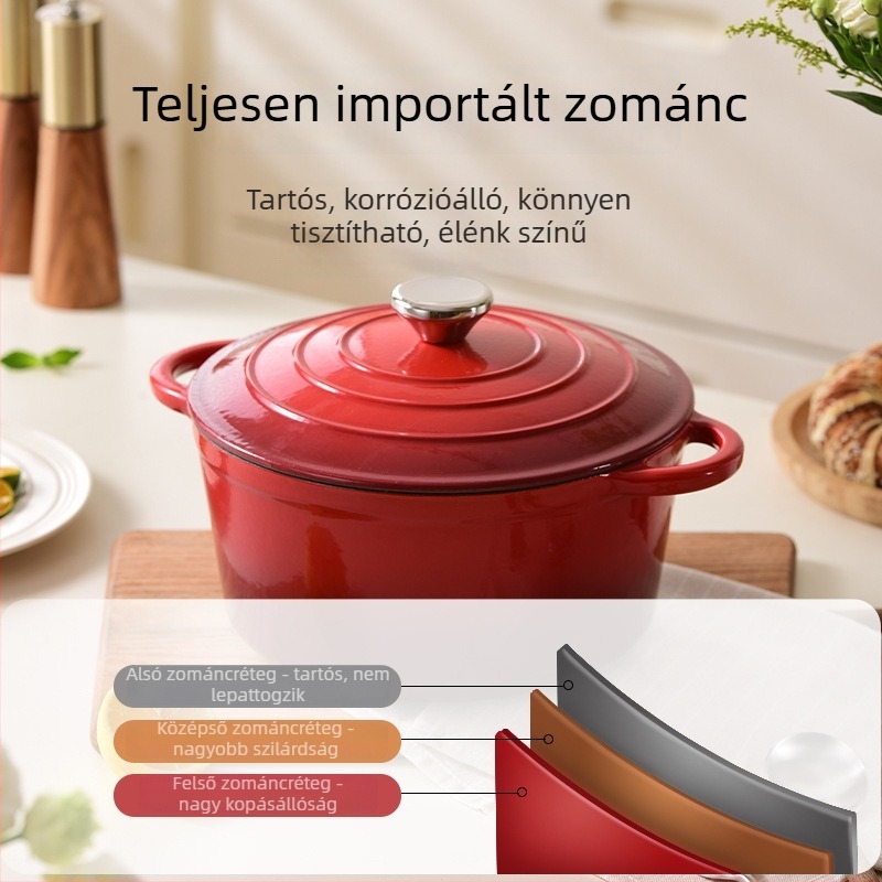 Vörös zománcozott vasból készült leveses fazék tengeri ételekhez és pörköltekhez, fedél vasból; kompatibil indukcióval és gáztűzhellyel; kapacitás 3,1–4 L