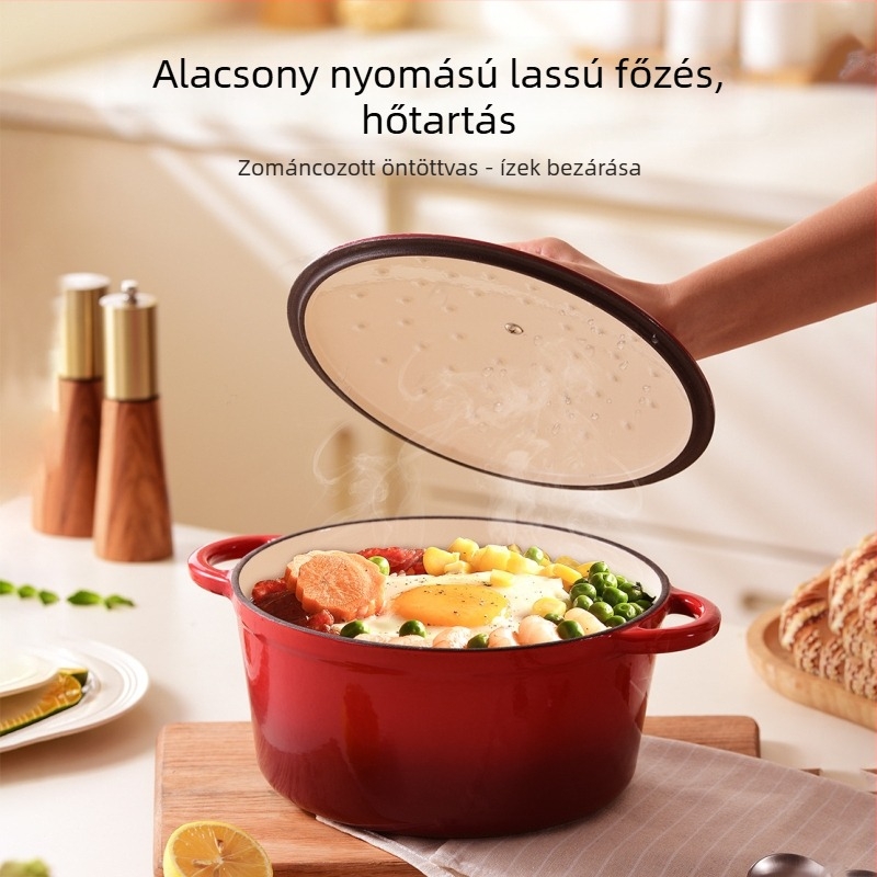 Vörös zománcozott vasból készült leveses fazék tengeri ételekhez és pörköltekhez, fedél vasból; kompatibil indukcióval és gáztűzhellyel; kapacitás 3,1–4 L
