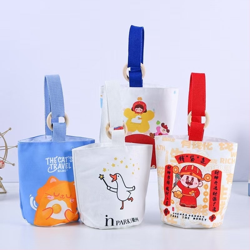 Pamutvászon táska kávé és milk tea mintával, mini oldaltáska, vödrögtáska Instagram-stílusban, testreszabható