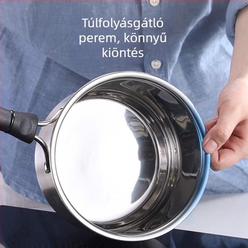 304 vastagított rozsdamentes acél tejfőző edény, egykezes fogantyúval és kettős füllel, indukciós kompatibilis, 3,1–4 L