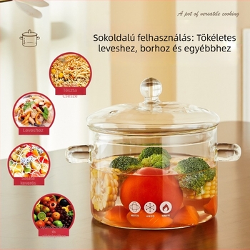 Nagy kapacitású boroszilikát üveg leveses fazék fedővel, hőálló, indukciós tűzhelyhez is kompatibilis, 1,1–2 L, dupla fogantyúval.