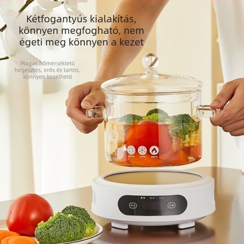 Nagy kapacitású boroszilikát üveg leveses fazék fedővel, hőálló, indukciós tűzhelyhez is kompatibilis, 1,1–2 L, dupla fogantyúval.