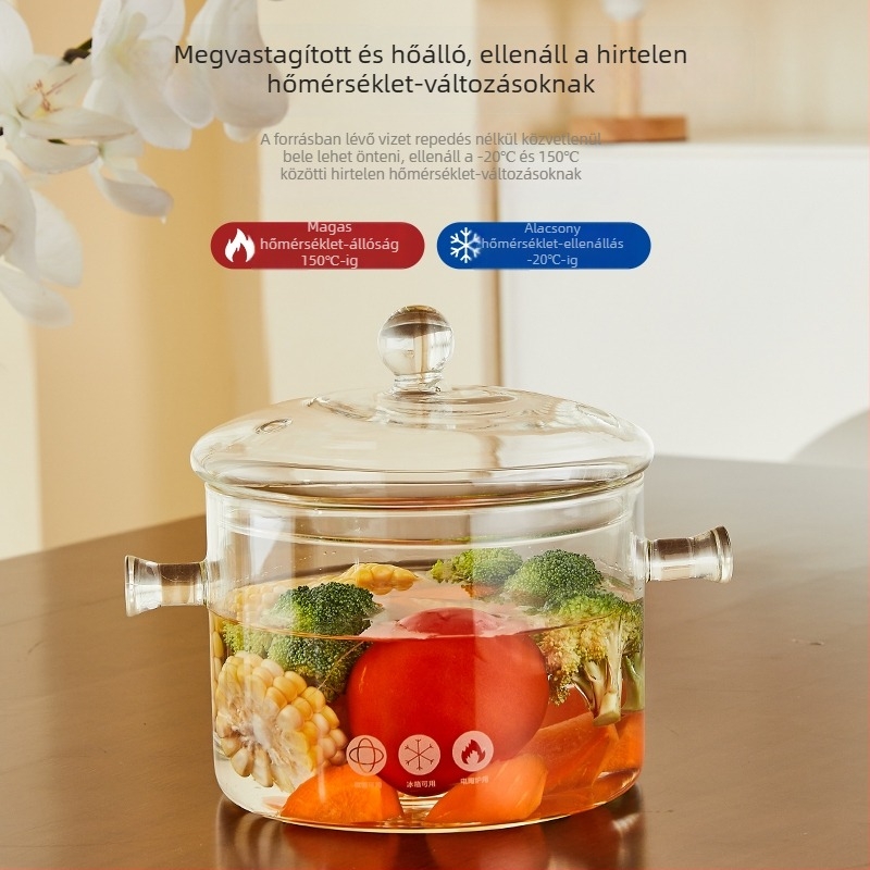 Nagy kapacitású boroszilikát üveg leveses fazék fedővel, hőálló, indukciós tűzhelyhez is kompatibilis, 1,1–2 L, dupla fogantyúval.