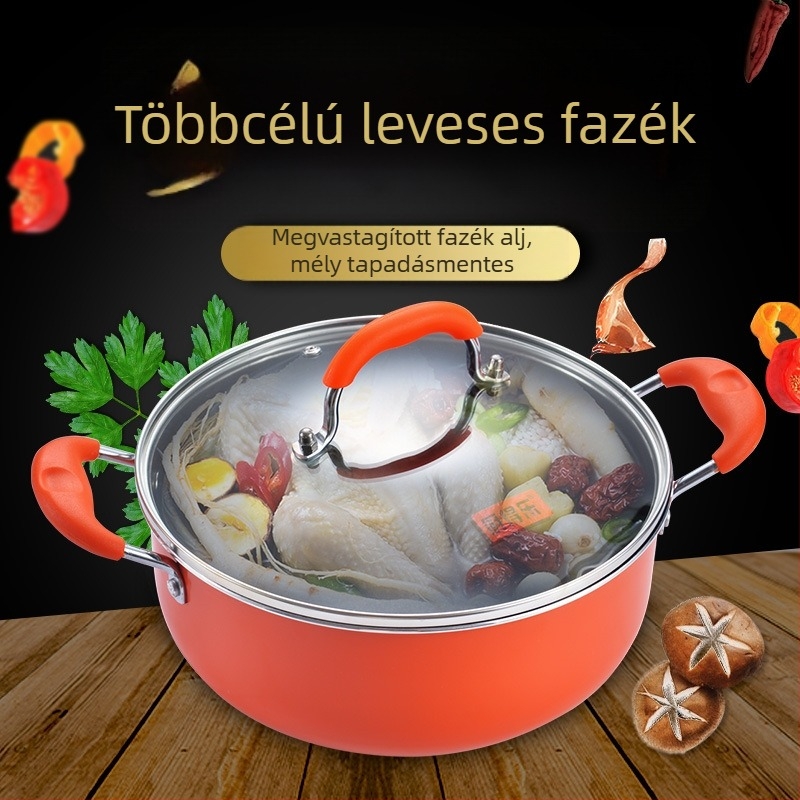 Két fülű, tapadásmentes leveses edény, tejfőző edény, füstmentes, hot pot és hasonló ételekhez, indukciós főzőlaphoz.