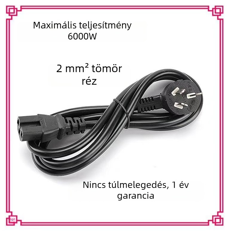 Háromvezetékes réz tápvezeték, 0,75 mm², PVC szigetelés, 1,5 m hosszú, háromtűs dugó, számítógép-monitorhoz és rizsfőzőhöz