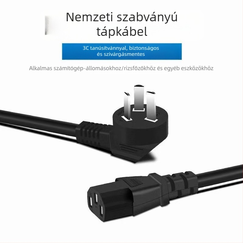 Háromvezetékes réz tápvezeték, 0,75 mm², PVC szigetelés, 1,5 m hosszú, háromtűs dugó, számítógép-monitorhoz és rizsfőzőhöz