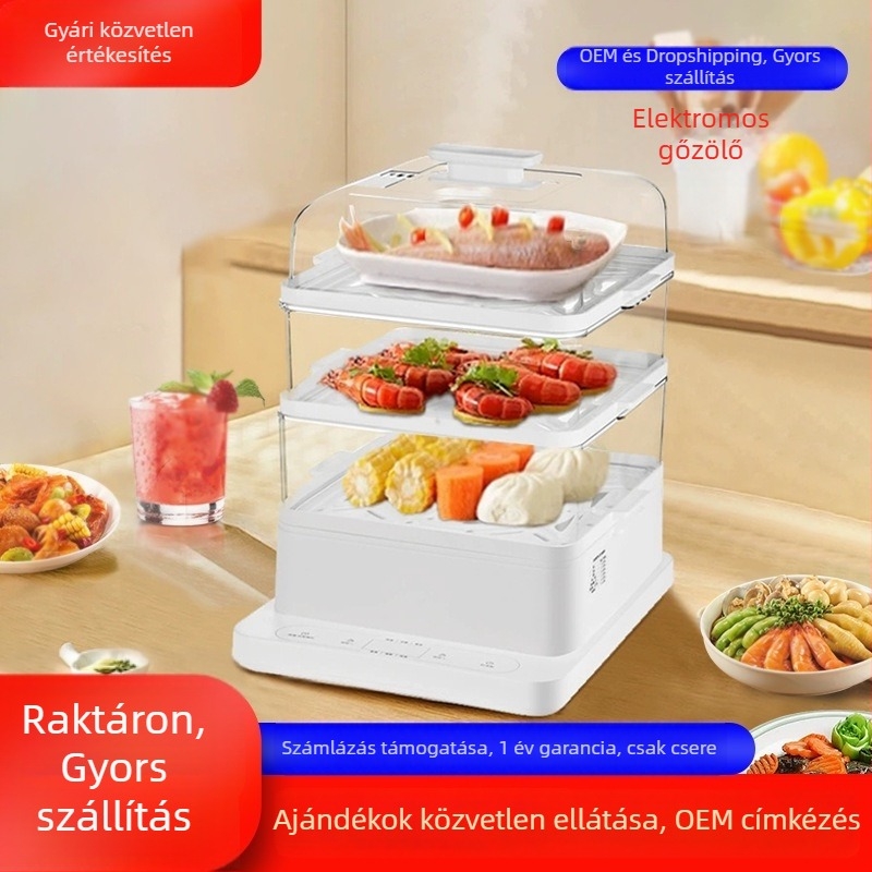 Otthoni elektromos gőzölő, háromszintes, nagy kapacitású, többfunkciós, rozsdamentes acél fűtőlemez, érintéses vezérlés, 220 V