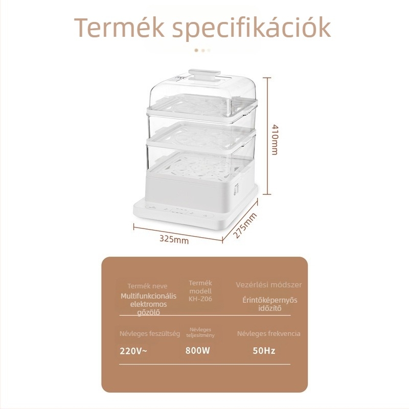 Otthoni elektromos gőzölő, háromszintes, nagy kapacitású, többfunkciós, rozsdamentes acél fűtőlemez, érintéses vezérlés, 220 V