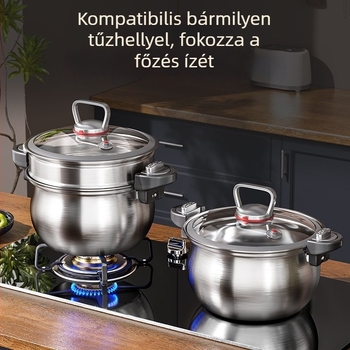 Megvastított 304-es rozsdamentes acélból készült leveses fazék, bevonat nélküli, üvegfedél, kettős fogantyú, kompatibilis gáztűzhellyel és indukcióval