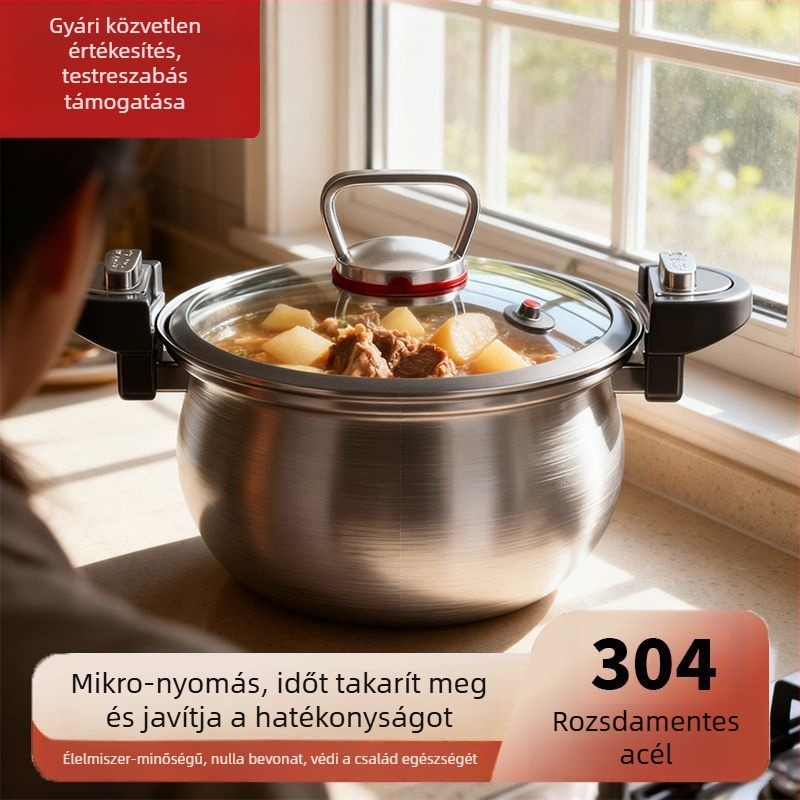Megvastított 304-es rozsdamentes acélból készült leveses fazék, bevonat nélküli, üvegfedél, kettős fogantyú, kompatibilis gáztűzhellyel és indukcióval