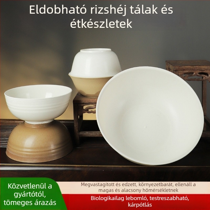 Rizshéjból készült egyszer használatos tálak, élelmiszer-minőségű, vastag falú, kerek formájú, otthoni használatra