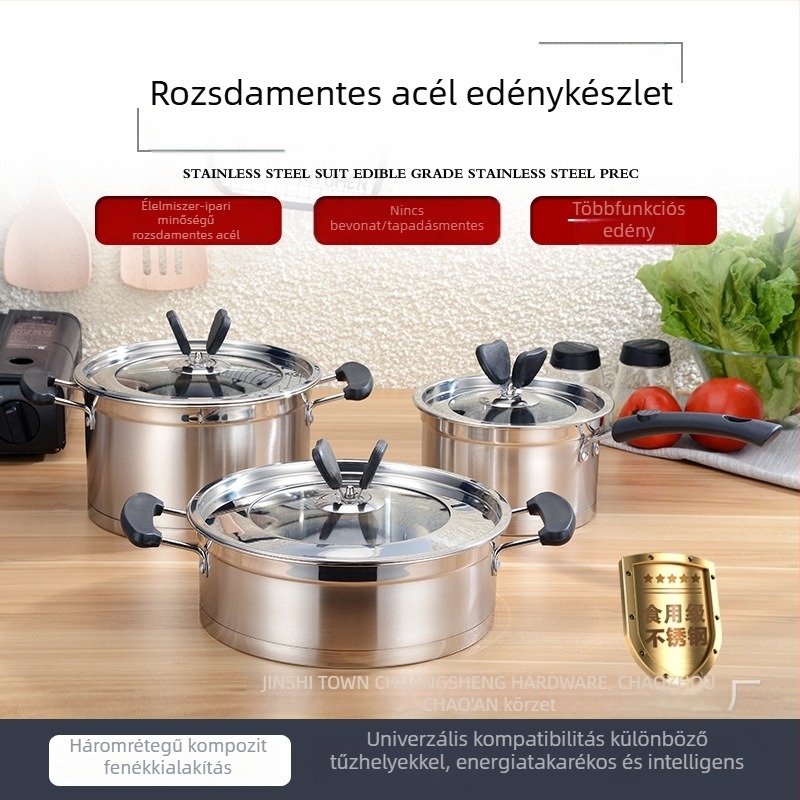 Vastagfalú rozsdamentes acél edénykészlet tapadásmentes felülettel: leveses edény, tejfőző edény és serpenyő (3 darab)