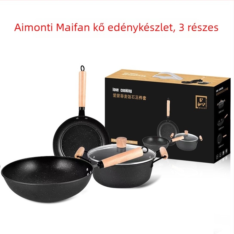 Maifan Stone három darabos edénykészlet: wok, leveses fazék és serpenyő; lapos alj, tapadásmentes vas serpenyő.