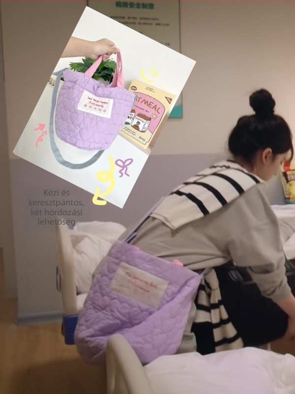Lila kviltált crossbody bucket táska, nagy méret, puha pamut anyag, vászon bélés, hengeres forma, mágneses záródás