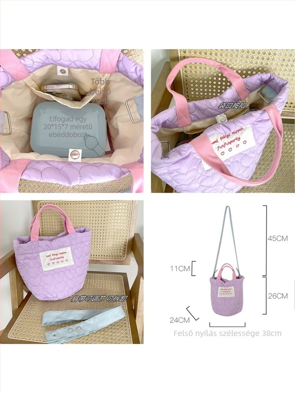 Lila kviltált crossbody bucket táska, nagy méret, puha pamut anyag, vászon bélés, hengeres forma, mágneses záródás