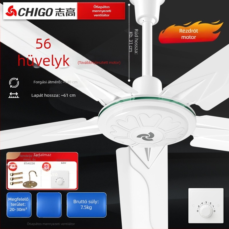 Chigo mennyezeti ventilátor FC-30, nagy teljesítményű, 70W, 220V, távirányító, 3/5 lapát, otthoni és ipari használatra, 50Hz