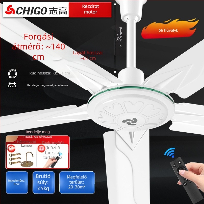 Chigo mennyezeti ventilátor FC-30, nagy teljesítményű, 70W, 220V, távirányító, 3/5 lapát, otthoni és ipari használatra, 50Hz