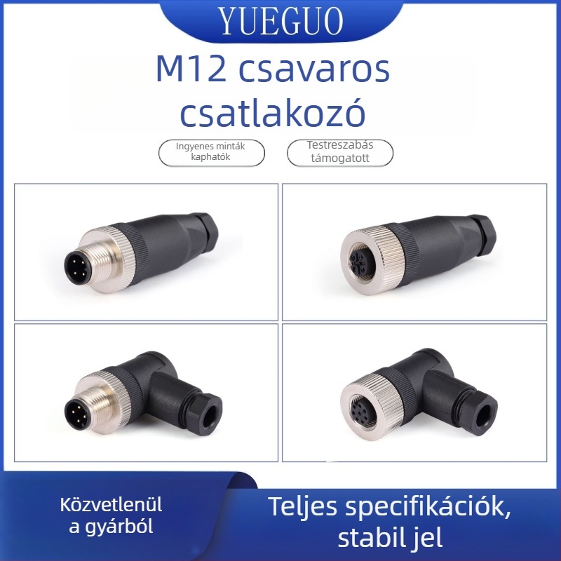 M12 90 fokos csatlakozó, 4/5/8 maggal, csavaros bekötés, IP67
