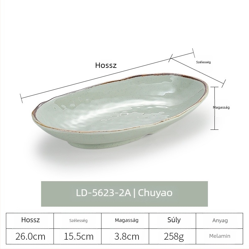 Melamin ovális halas tál, porcelánhatású felülettel, retro japán hajóforma, mély, hosszú tál forró fazékhoz és grillezéshez