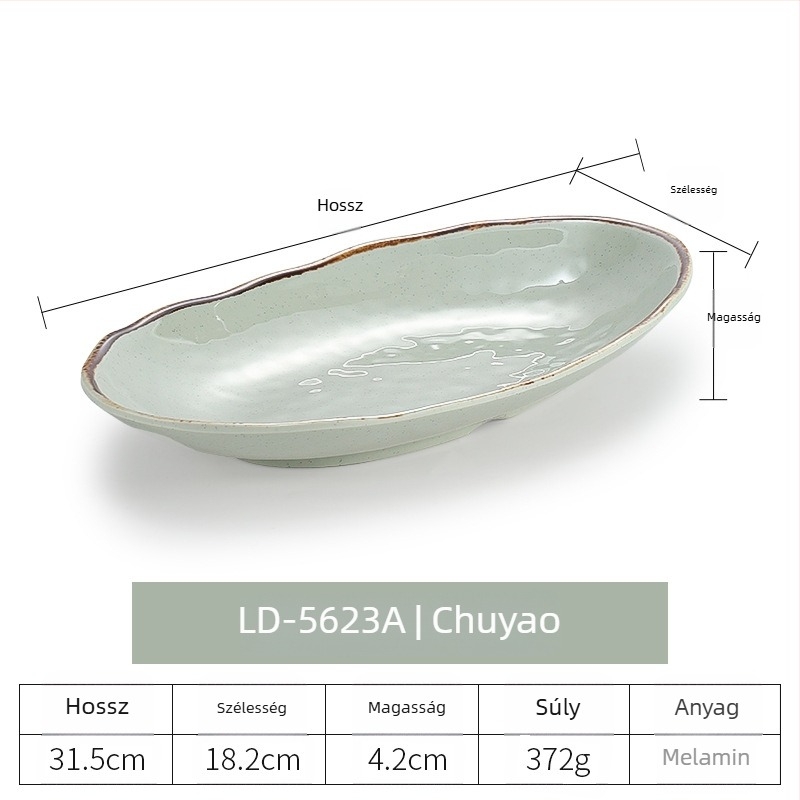 Melamin ovális halas tál, porcelánhatású felülettel, retro japán hajóforma, mély, hosszú tál forró fazékhoz és grillezéshez