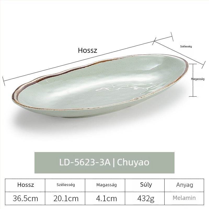 Melamin ovális halas tál, porcelánhatású felülettel, retro japán hajóforma, mély, hosszú tál forró fazékhoz és grillezéshez