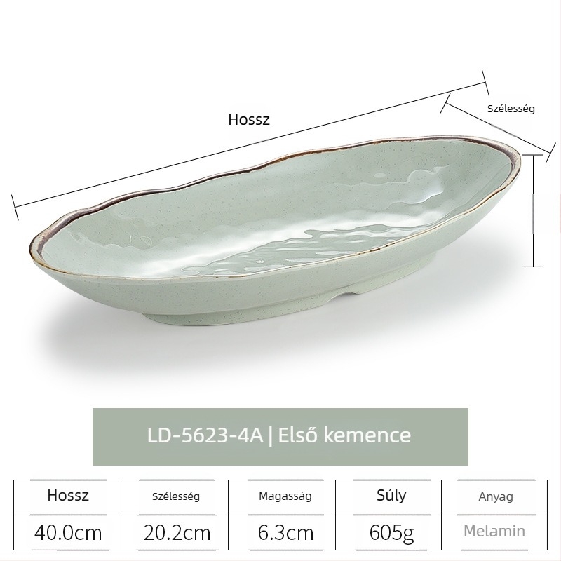 Melamin ovális halas tál, porcelánhatású felülettel, retro japán hajóforma, mély, hosszú tál forró fazékhoz és grillezéshez