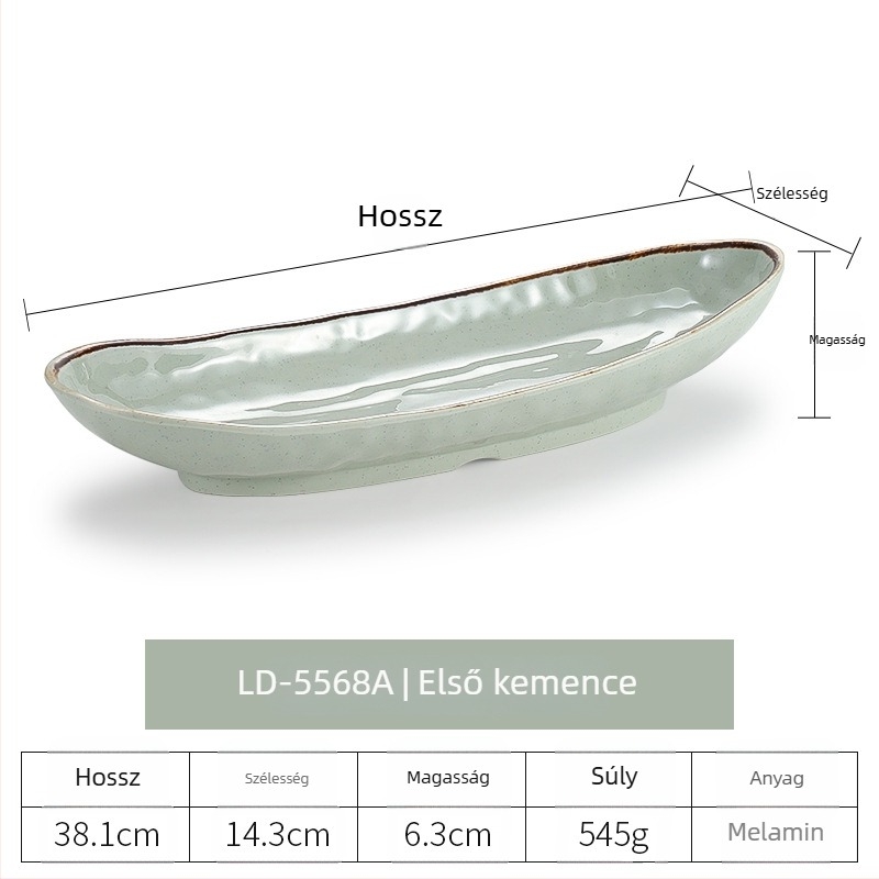 Melamin ovális halas tál, porcelánhatású felülettel, retro japán hajóforma, mély, hosszú tál forró fazékhoz és grillezéshez