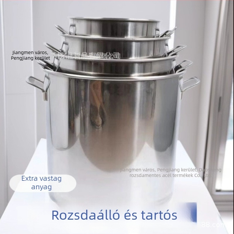 Vastagfalú rozsdamentes acél leveses fazék, háztartási és kereskedelmi használatra, nagy kapacitású a levesekhez és a főzéshez.