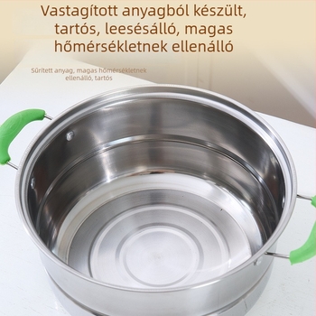 Zöld fogantyúval rendelkező rozsdamentes acél gőzölő készlet, élelmiszerbiztonságos anyag, üvegfedél, 16–30 cm, korrózióálló