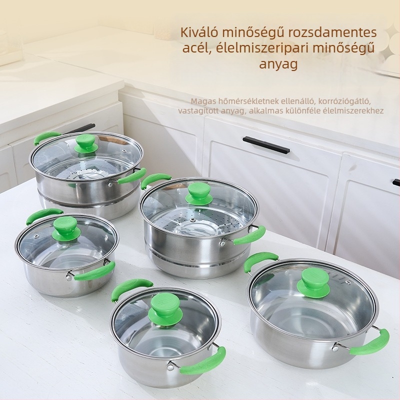 Zöld fogantyúval rendelkező rozsdamentes acél gőzölő készlet, élelmiszerbiztonságos anyag, üvegfedél, 16–30 cm, korrózióálló