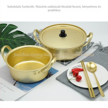 Koreai stílusú ramen fazék, sárga alumíniumból, pároláshoz, kapacitás 1 liter alatt, alumínium fedő, gáztűzhelyhez.