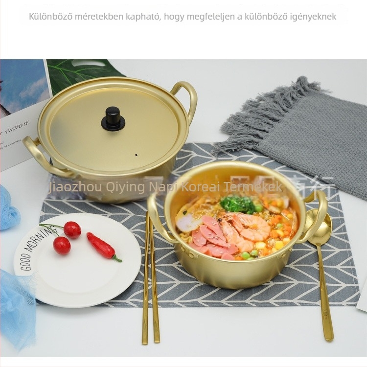 Koreai stílusú ramen fazék, sárga alumíniumból, pároláshoz, kapacitás 1 liter alatt, alumínium fedő, gáztűzhelyhez.