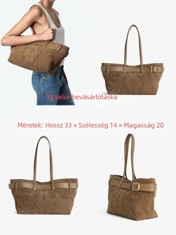 Z@&V25 Női Nagy Válltáska Tehénbőrből, barna velúrral és szárnyas szegecsekkel