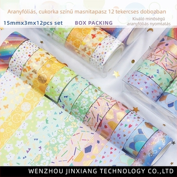 DIY tervezőhöz Washi szalag – 12 tekercs, cukorka színek arany fóliával