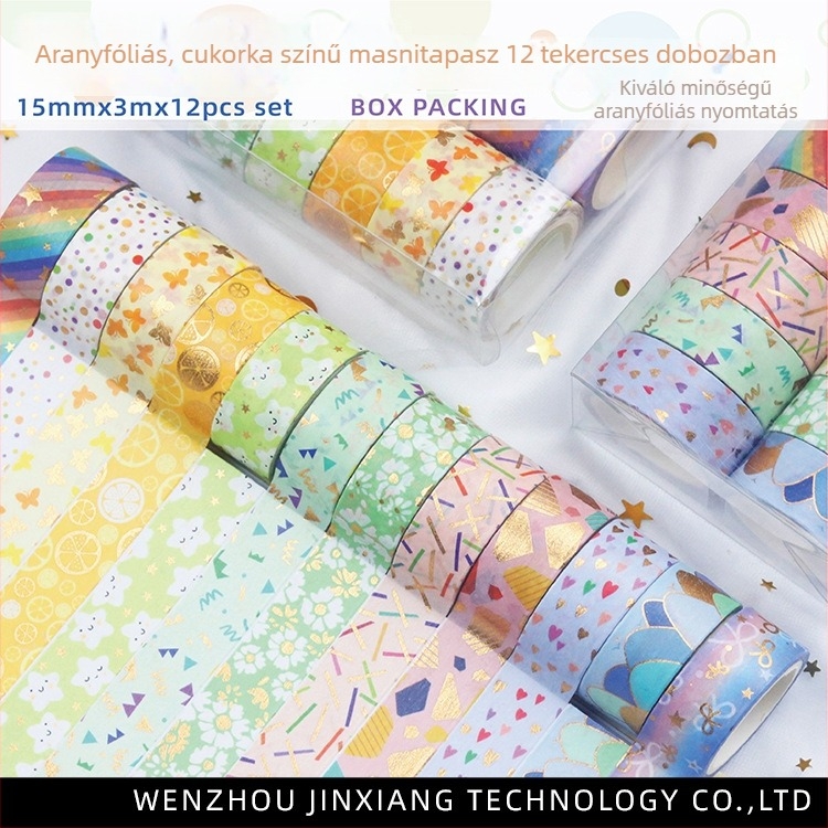 DIY tervezőhöz Washi szalag – 12 tekercs, cukorka színek arany fóliával