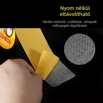 Rácsos mintázatú dupla oldalú textil alapú ragasztószalag, erős tapadással, eltávolításkor nyom nélkül, szőnyegek összekapcsolására és falra rögzítésre, forró olvadékú, magas viszkozitású.
