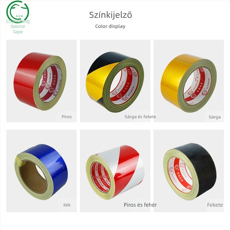 Reflektív figyelmeztető szalag fekete, sárga, piros és zöld színekben, PET vízálló padlójelölő szalag zebra mintával