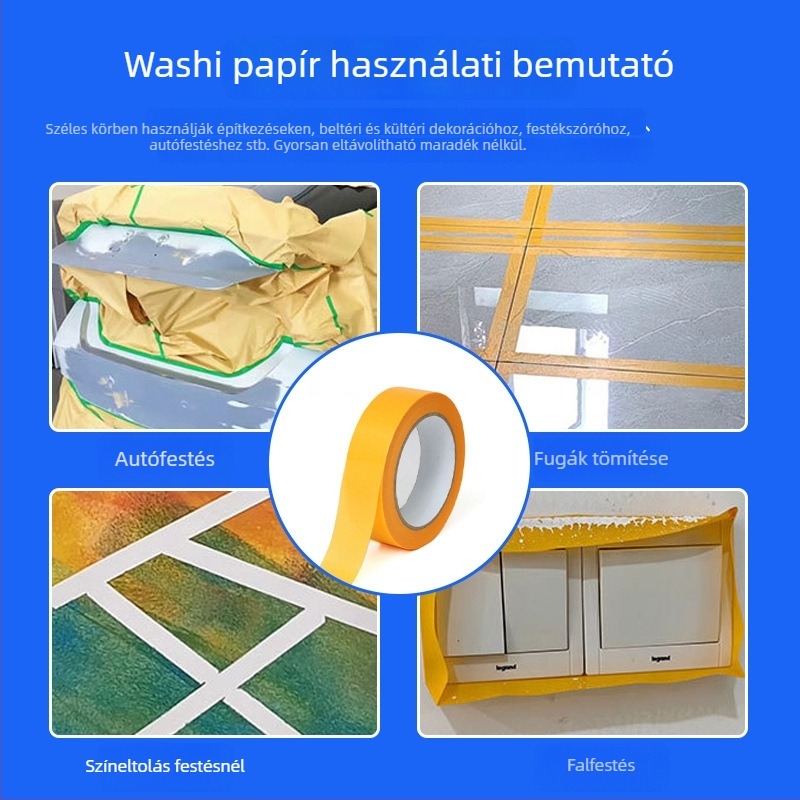 Washi maszkoló szalag permetezéshez és dekorációhoz, nagy tapadás, hőálló, sárga, papíralapú szalag, szélesség 5–800 mm, hossz 30 m, hőmérséklet-ellenállás 150°C rövid táv, 130°C hosszú táv